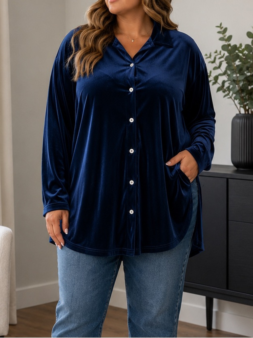 Navy Velvet Button-Up Shirt